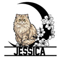 Persian cat metal sign featuring a fluffy long-haired cat framed by flowers and a curved crescent silhouette