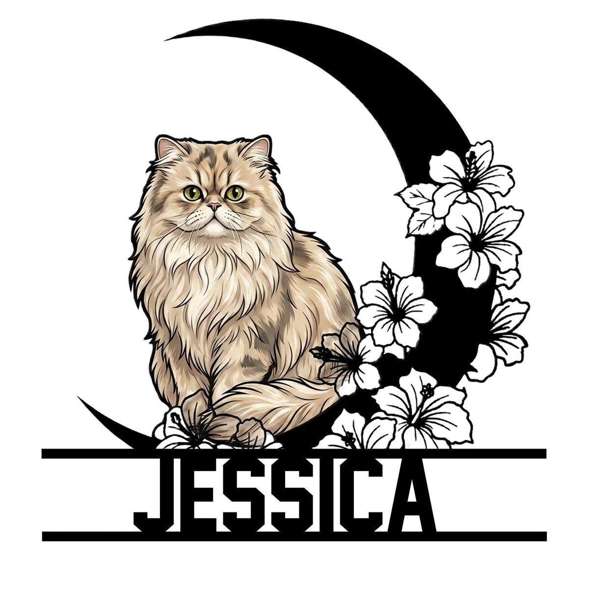 Persian cat metal sign featuring a fluffy long-haired cat framed by flowers and a curved crescent silhouette