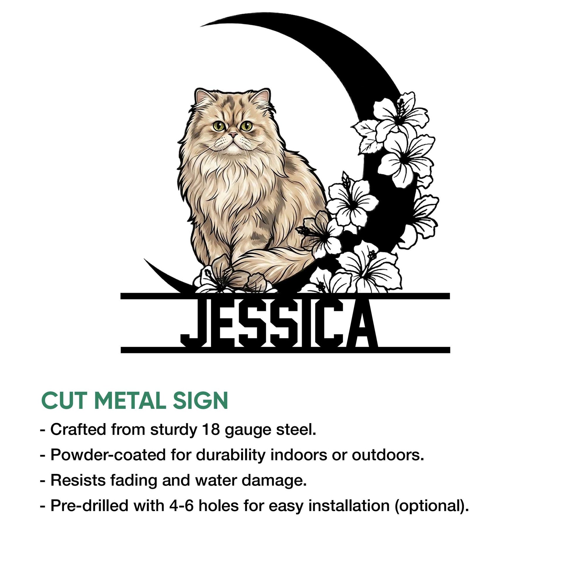 Persian cat cut metal sign shown with product feature information and floral cat artwork