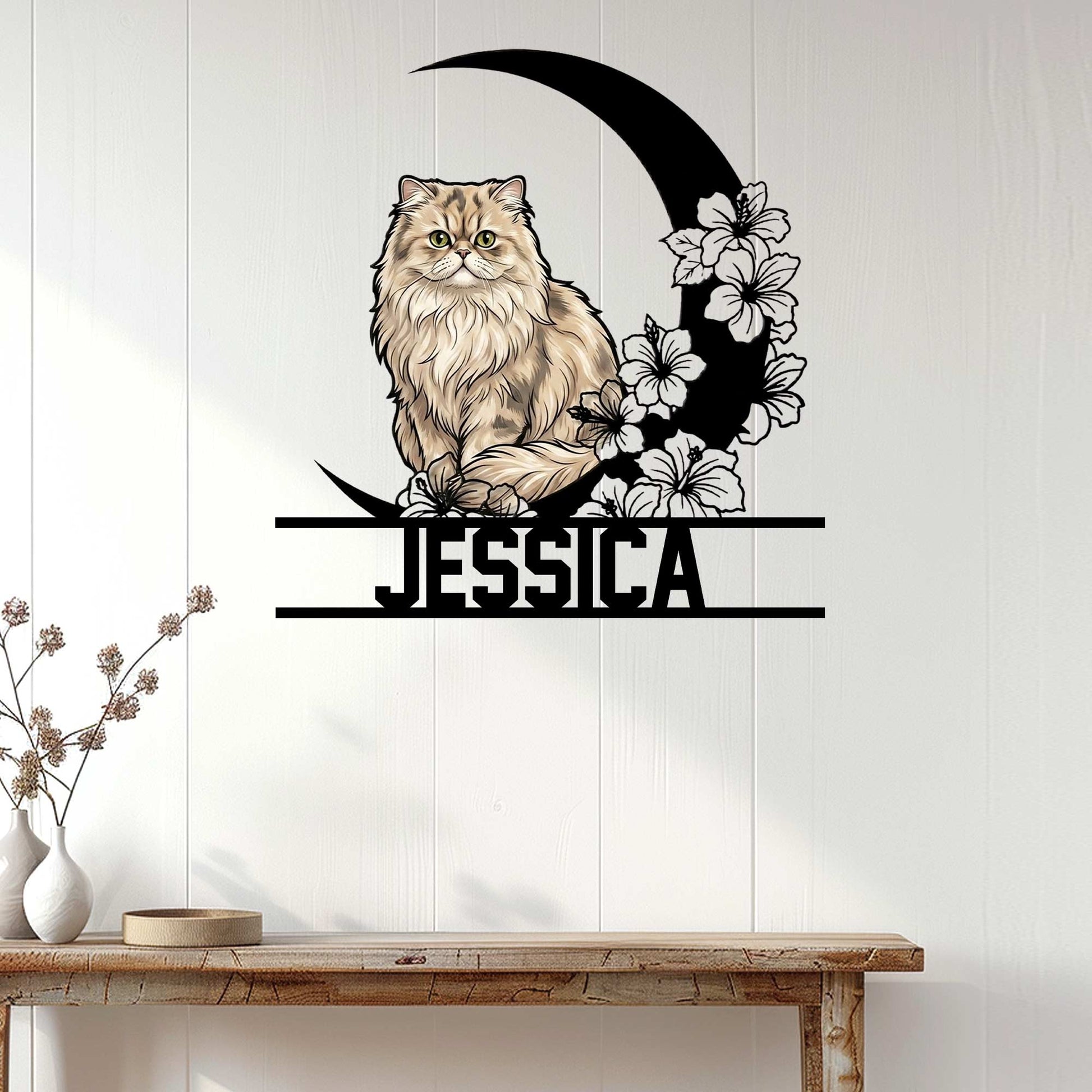 Persian cat wall sign displayed in a bright home setting above a rustic console table