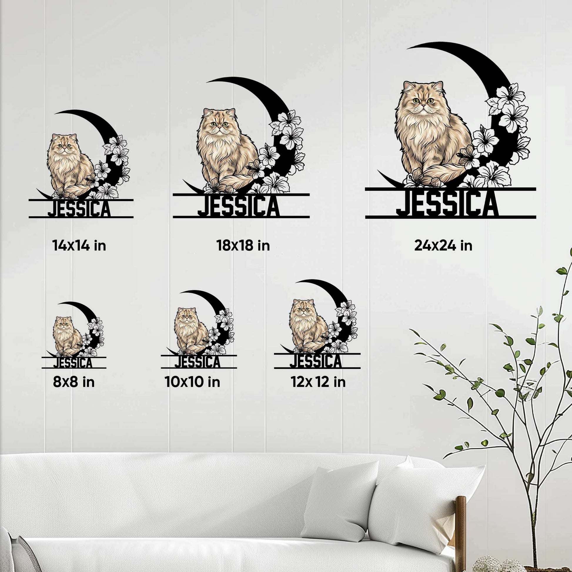Persian cat metal sign size guide showing available square dimensions from 8 by 8 to 24 by 24 inches