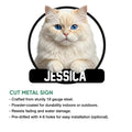 Persian cat metal sign shown in a product feature graphic with a cut-metal design for indoor or outdoor display