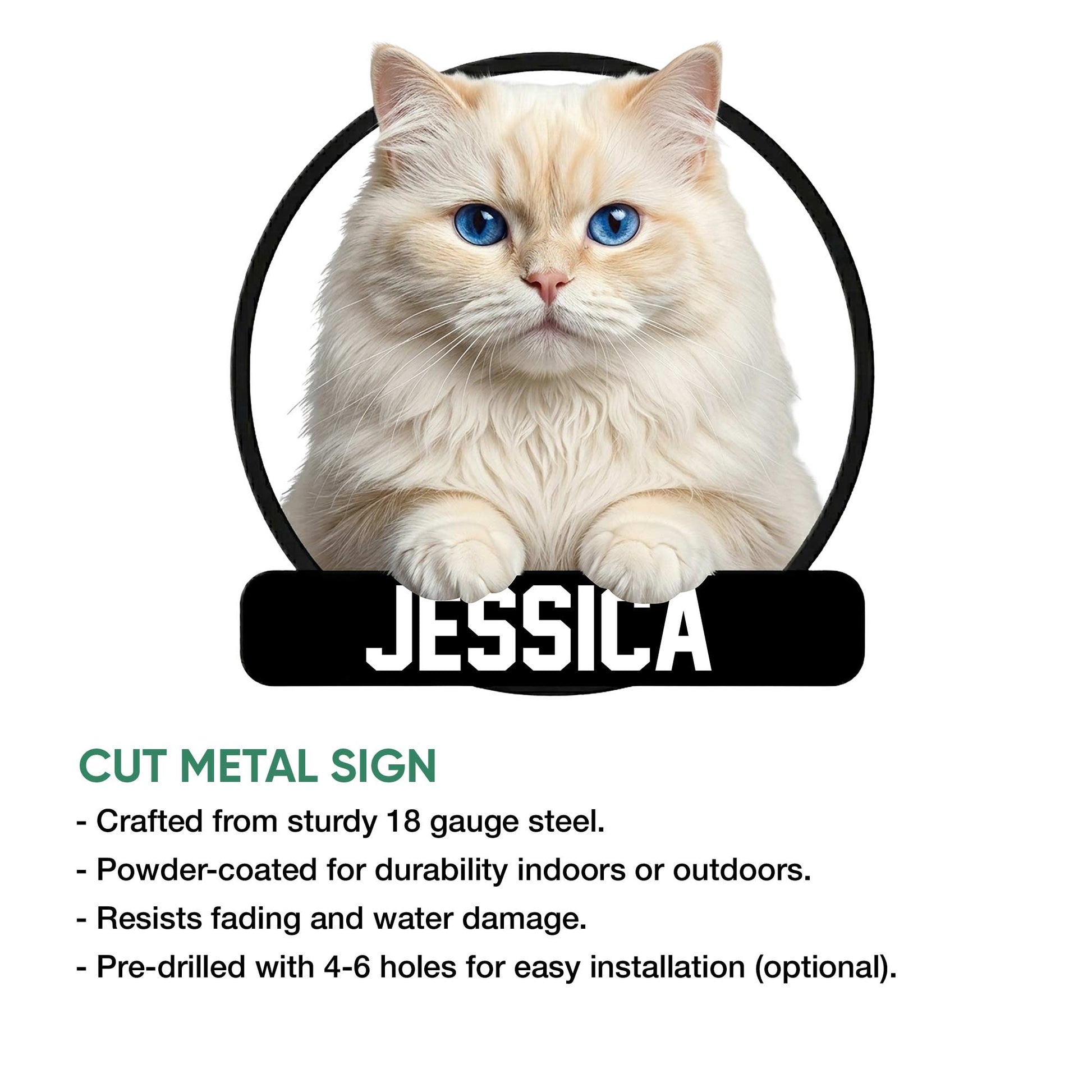 Persian cat metal sign shown in a product feature graphic with a cut-metal design for indoor or outdoor display