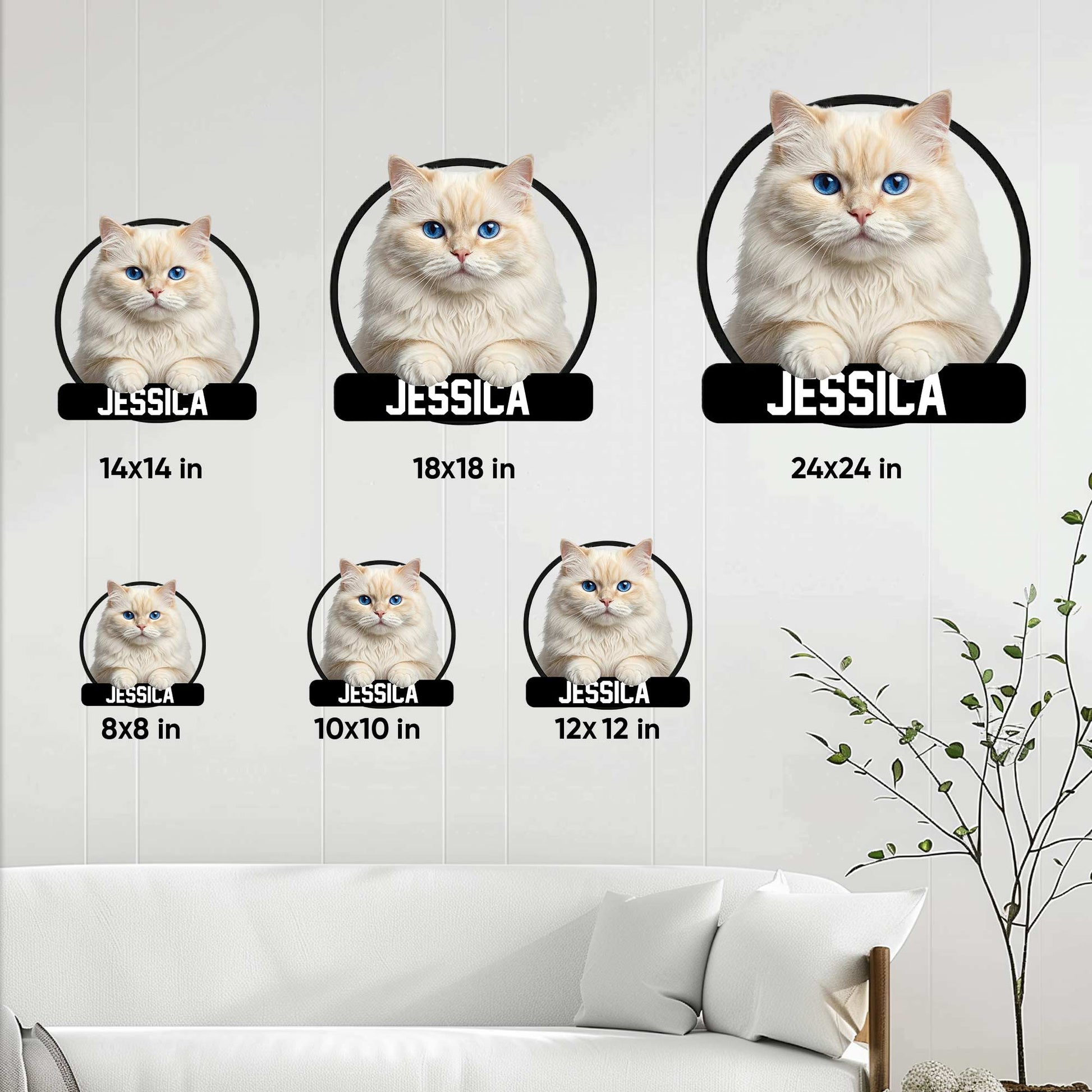 Persian cat metal sign size guide showing available square sizes from 8 by 8 to 24 by 24 inches