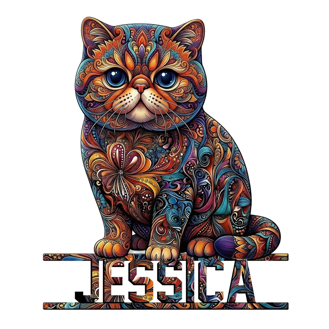 Ornate colorful Exotic Shorthair cat metal sign with a seated portrait design