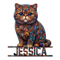 Ornate colorful Exotic Shorthair cat metal sign with a seated portrait design