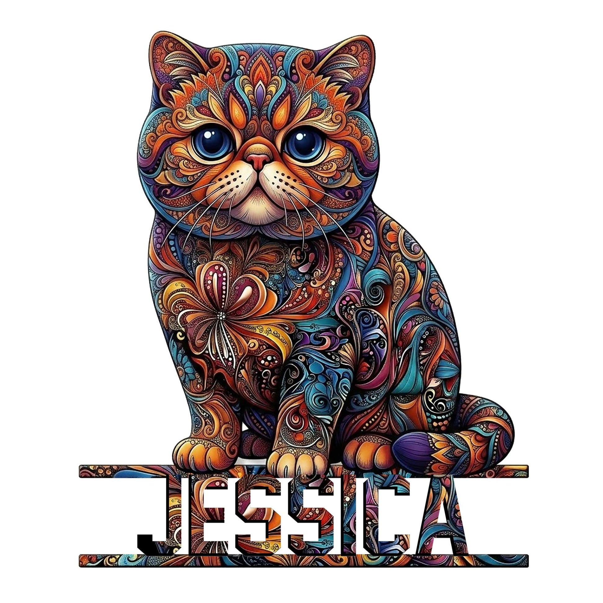 Ornate colorful Exotic Shorthair cat metal sign with a seated portrait design