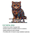 Colorful Exotic Shorthair cut metal sign shown with product feature details