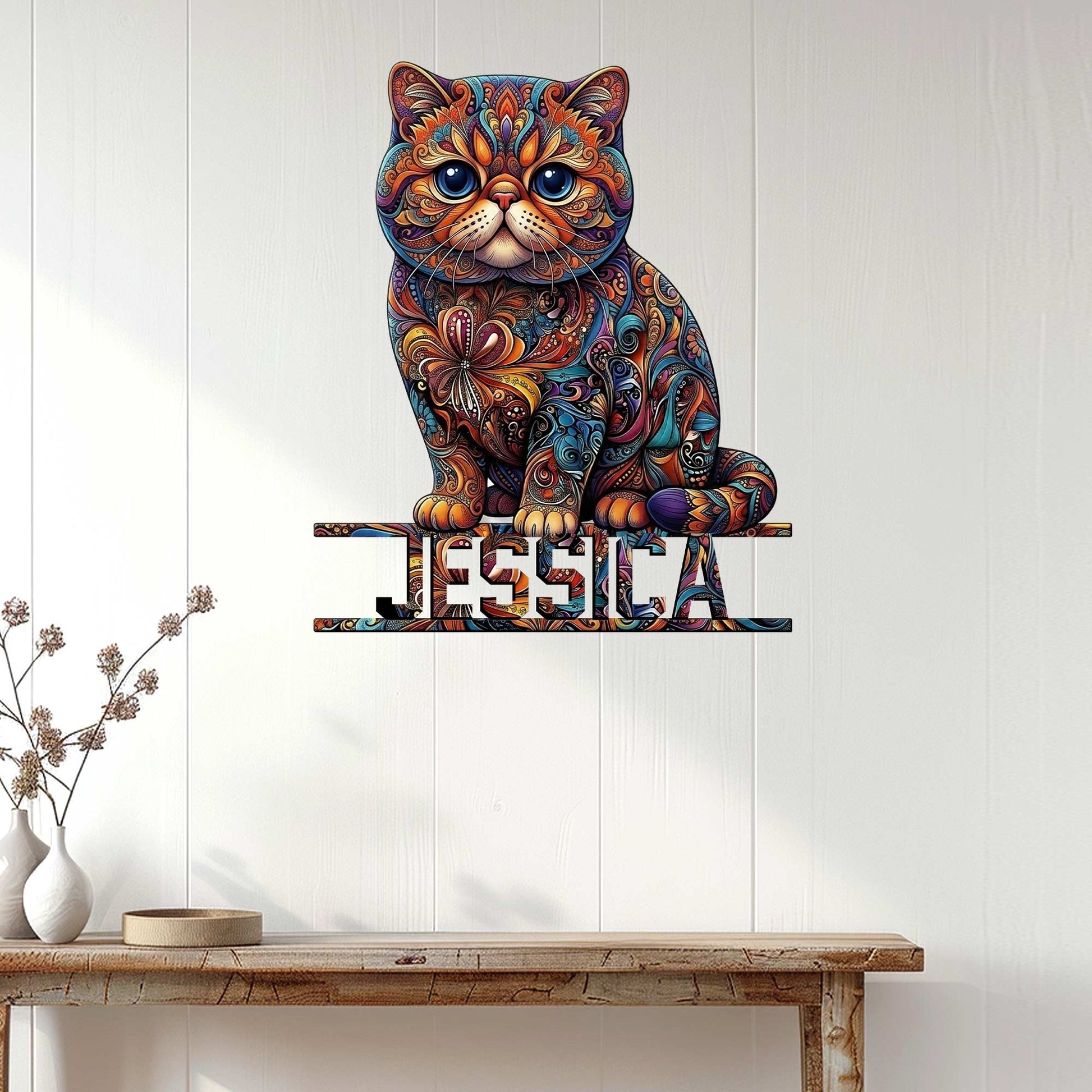 Exotic Shorthair cat metal sign displayed as colorful wall decor in a bright home