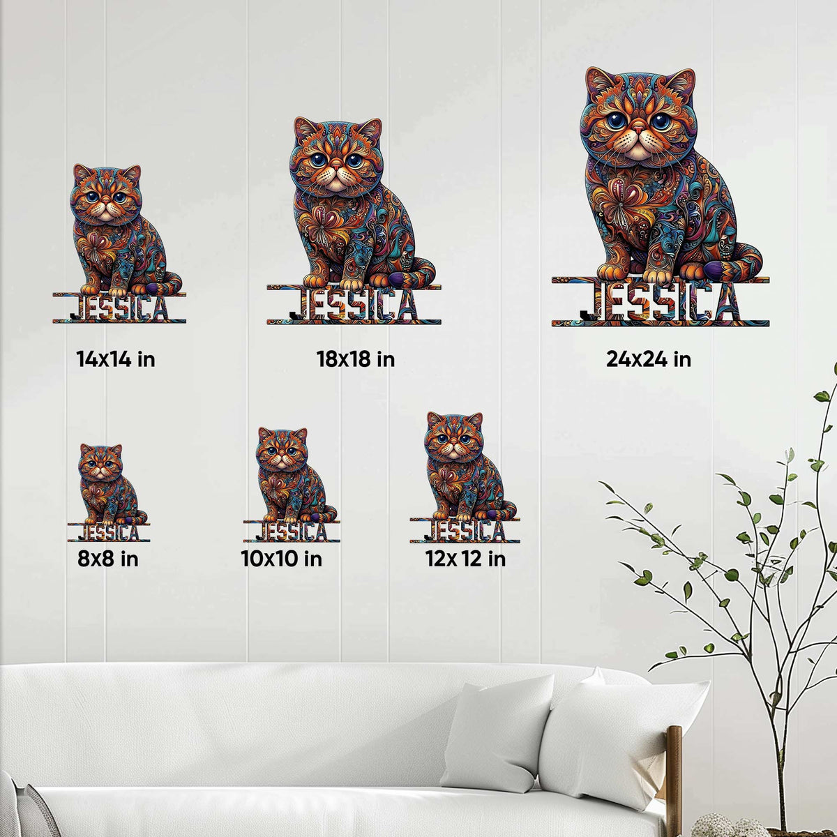 Exotic Shorthair metal sign size guide showing several square size options