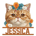 Floral Exotic Shorthair cat metal sign featuring a close-up portrait with bright amber eyes