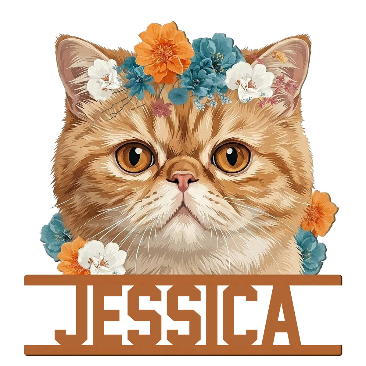 Floral Exotic Shorthair cat metal sign featuring a close-up portrait with bright amber eyes
