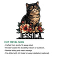 Exotic Shorthair cat cut metal sign shown with product feature information