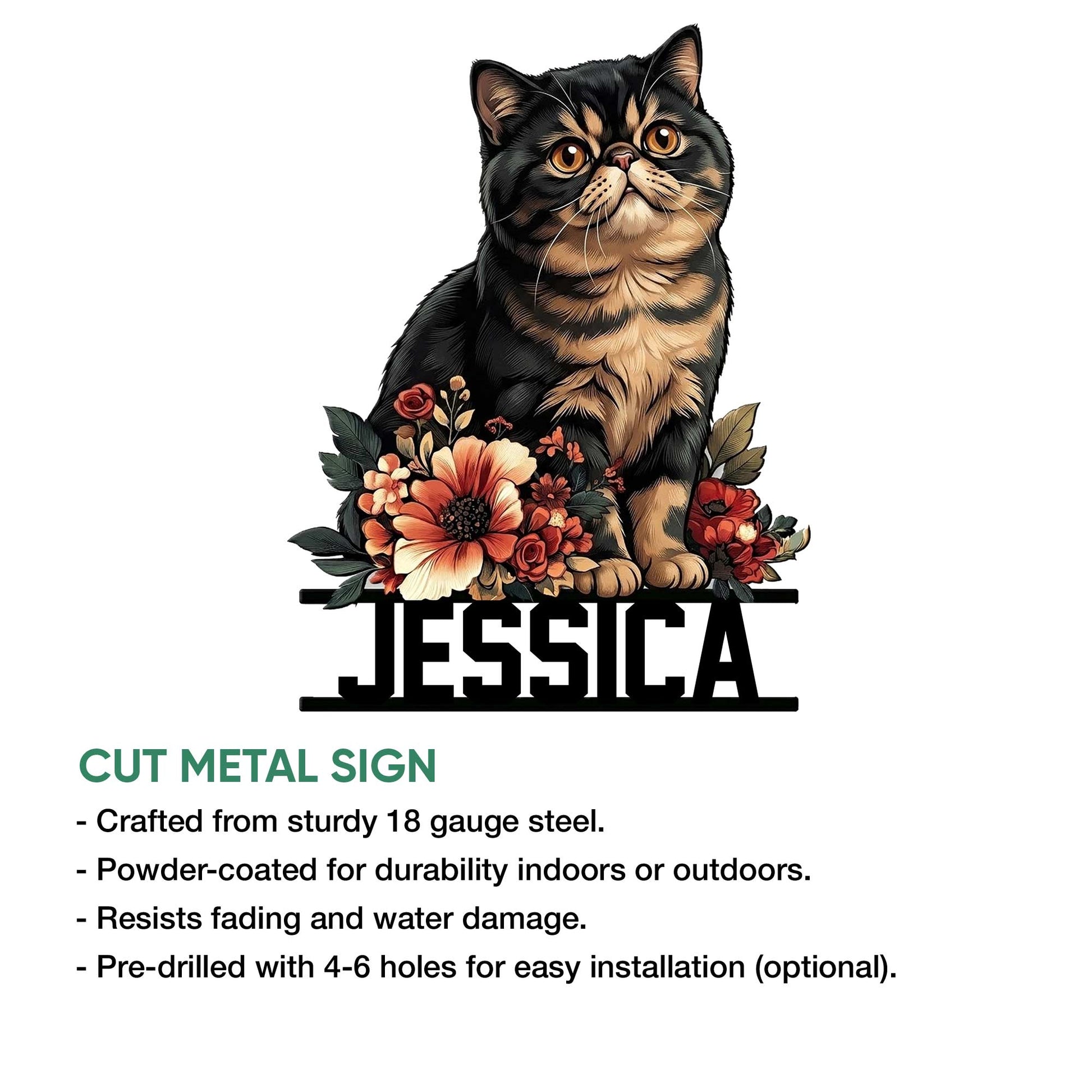 Exotic Shorthair cat cut metal sign shown with product feature information