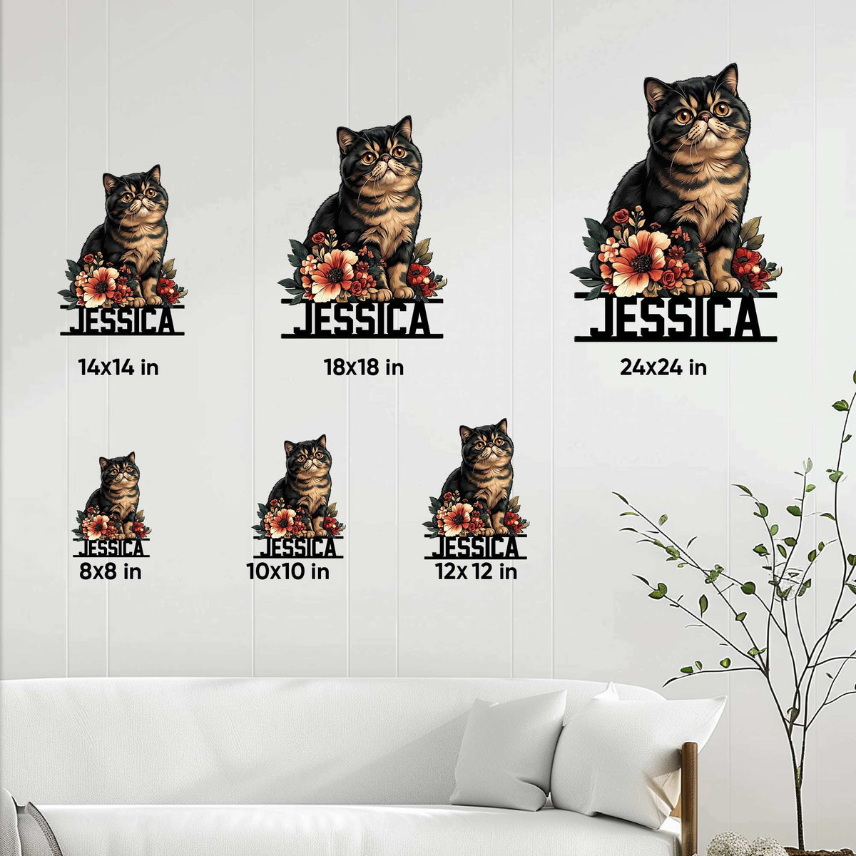 Exotic Shorthair cat metal sign size guide showing options from 8 by 8 to 24 by 24 inches