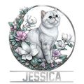 Exotic Shorthair cat metal sign featuring a floral wreath and elegant circular design