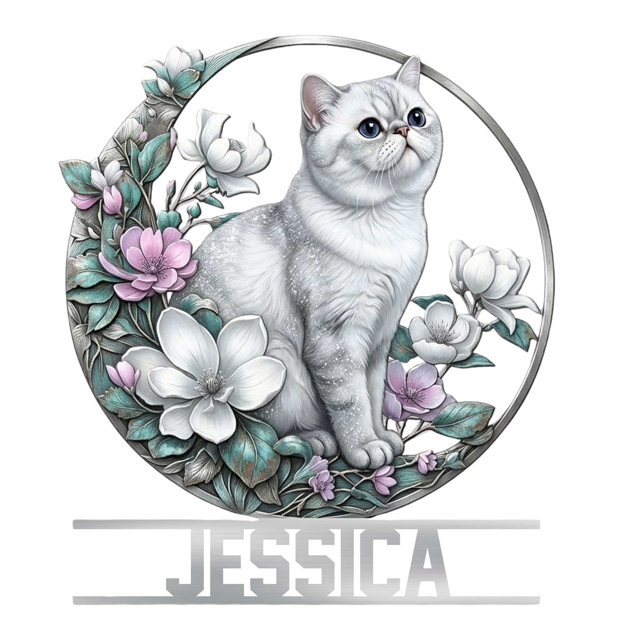 Exotic Shorthair cat metal sign featuring a floral wreath and elegant circular design