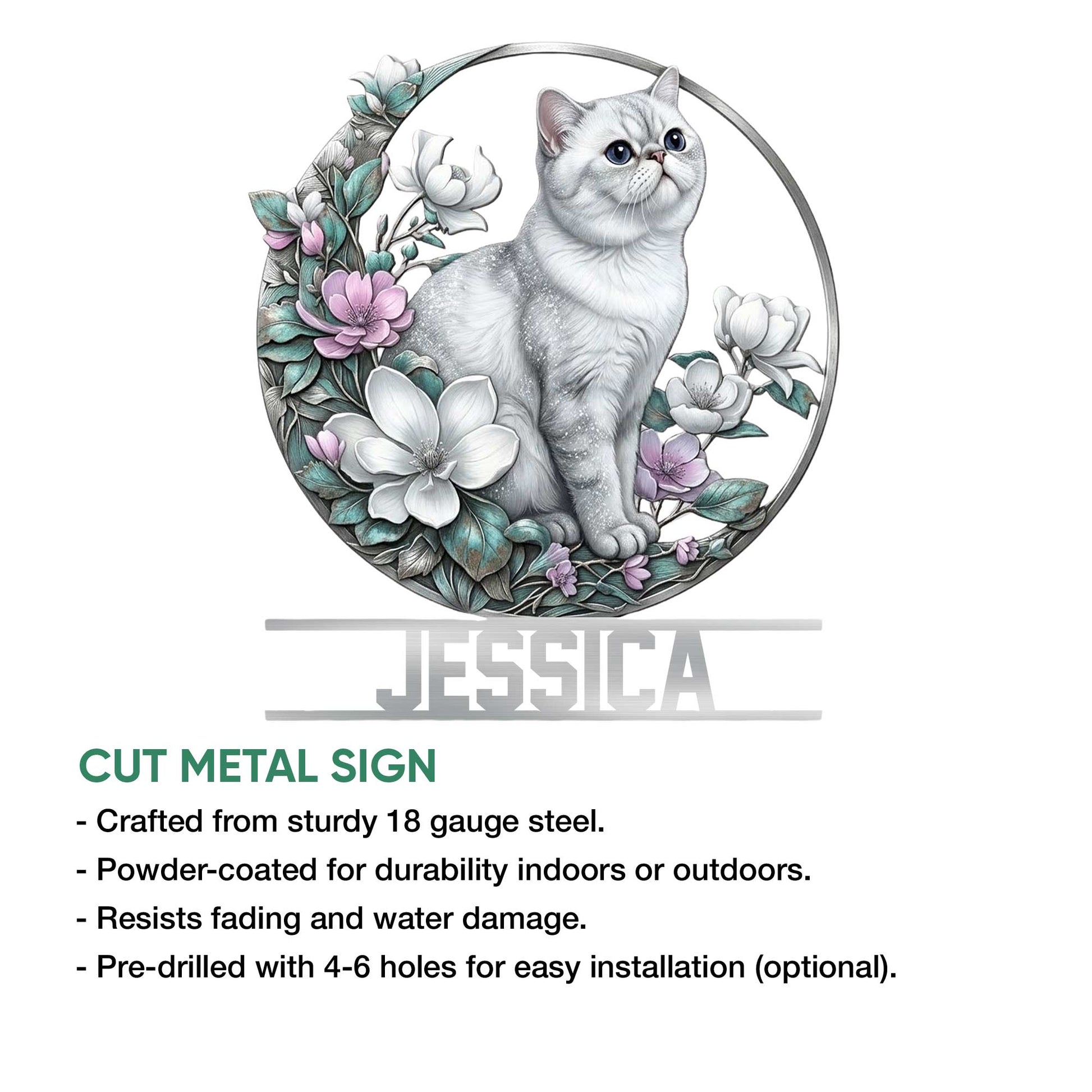 Cut metal sign featuring an Exotic Shorthair cat surrounded by pink and white flowers