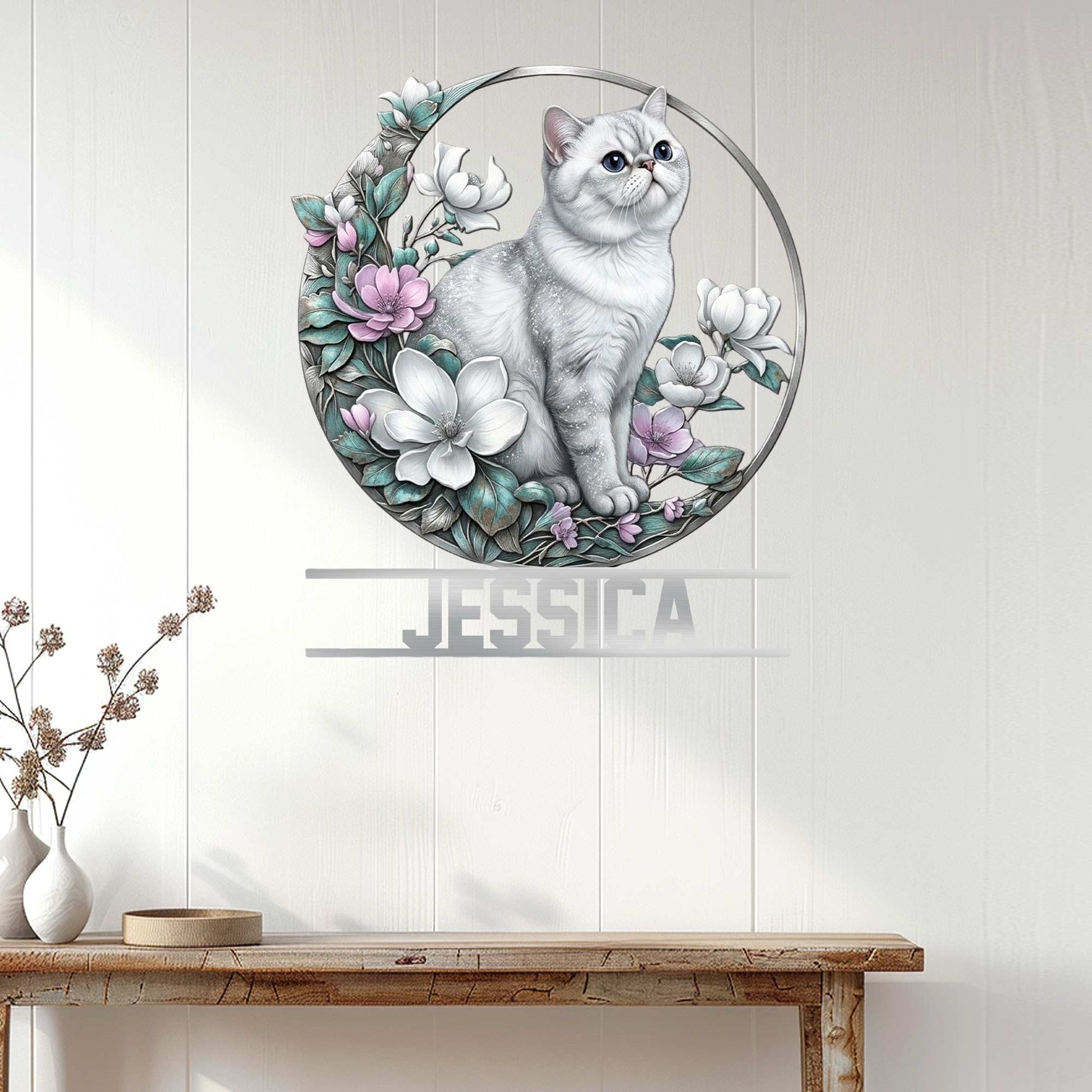 Exotic Shorthair cat wall sign displayed above a console table in a bright home