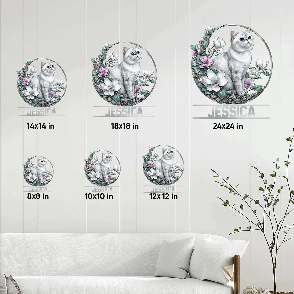 Exotic Shorthair cat metal sign shown in multiple size options on a living room wall