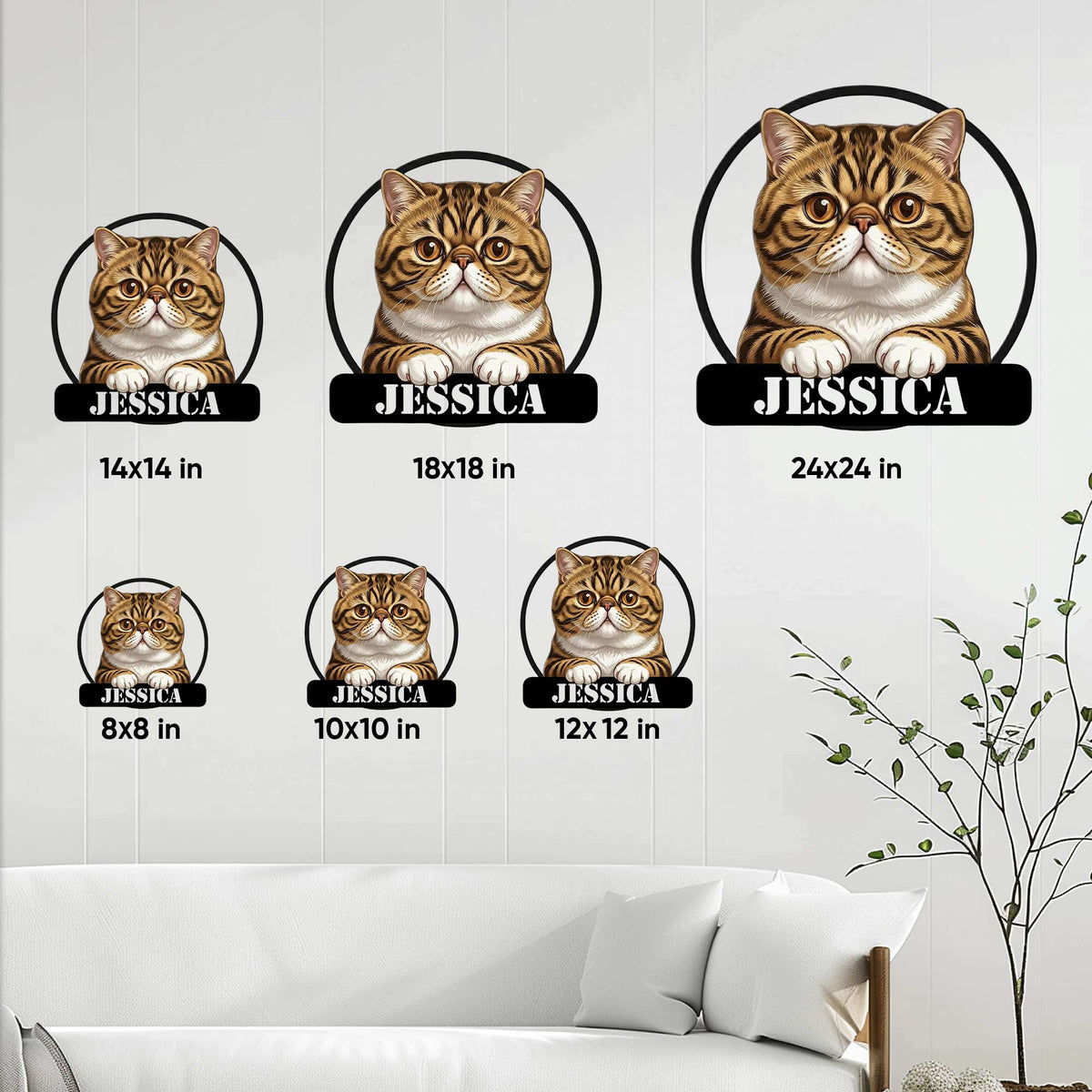 Exotic Shorthair cat metal sign size guide showing several square size options in a living room setting