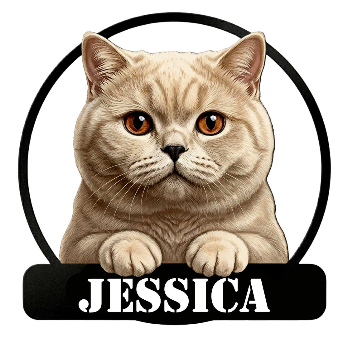 Custom British Shorthair metal sign featuring a realistic front-facing cat portrait in a circular frame