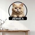 British Shorthair metal wall sign displayed above a console table in a bright home interior