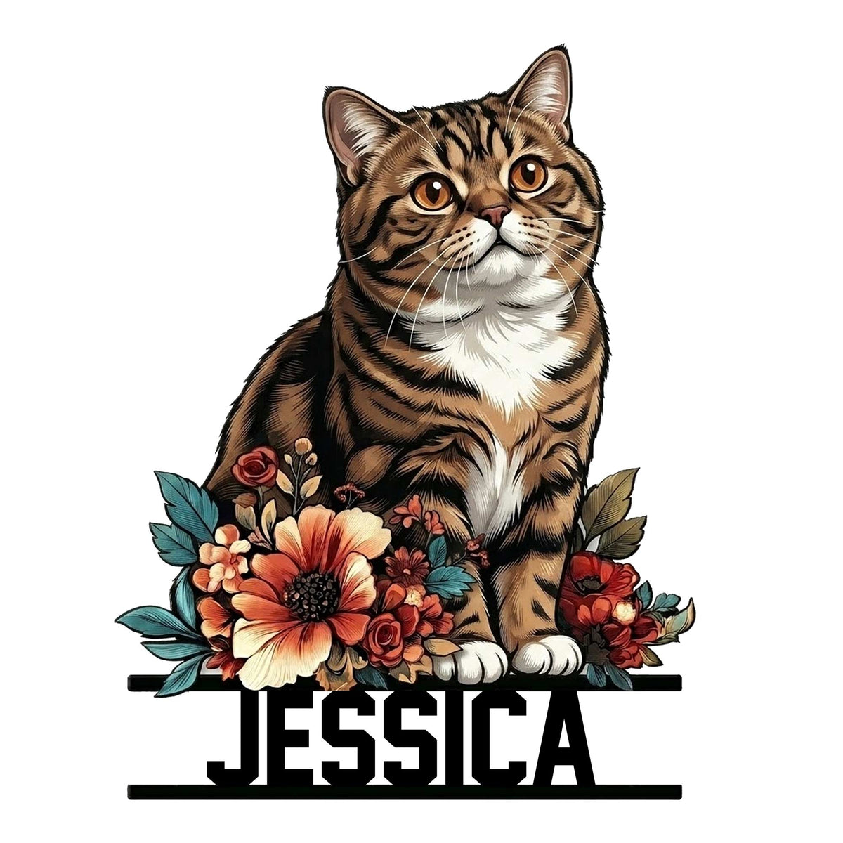 Floral British Shorthair cat metal sign featuring a detailed tabby portrait and colorful flowers