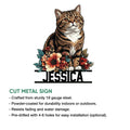 British Shorthair cat cut metal sign shown with product feature details and floral artwork