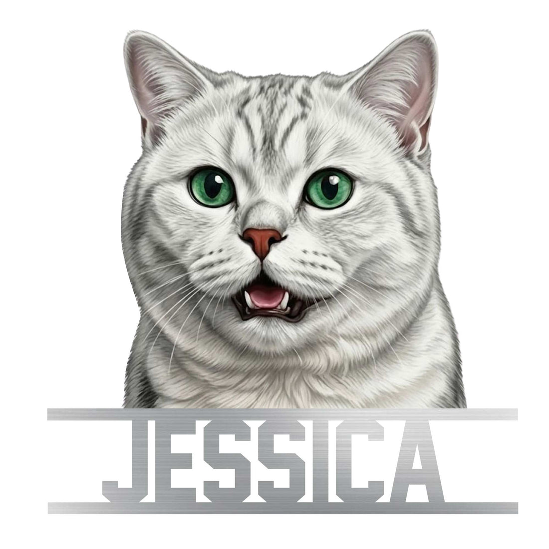 Custom British Shorthair metal sign featuring a detailed silver cat portrait with bright green eyes