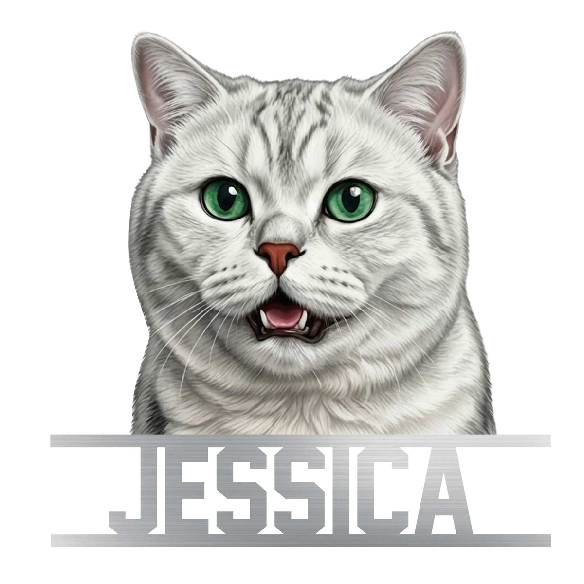 Custom British Shorthair metal sign featuring a detailed silver cat portrait with bright green eyes