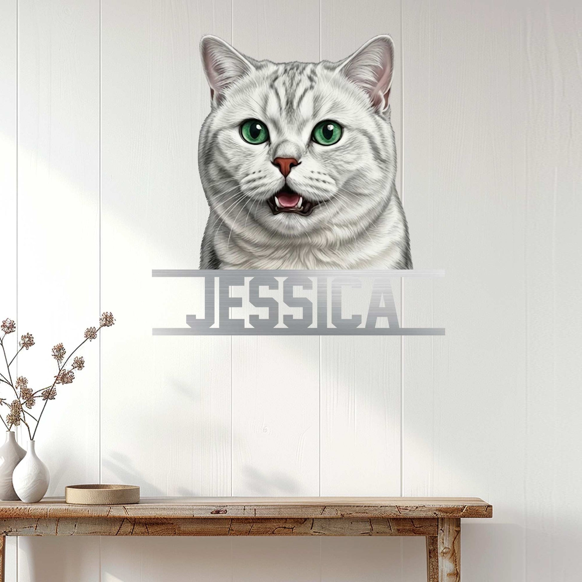 British Shorthair cat metal sign displayed as stylish wall decor above a console table