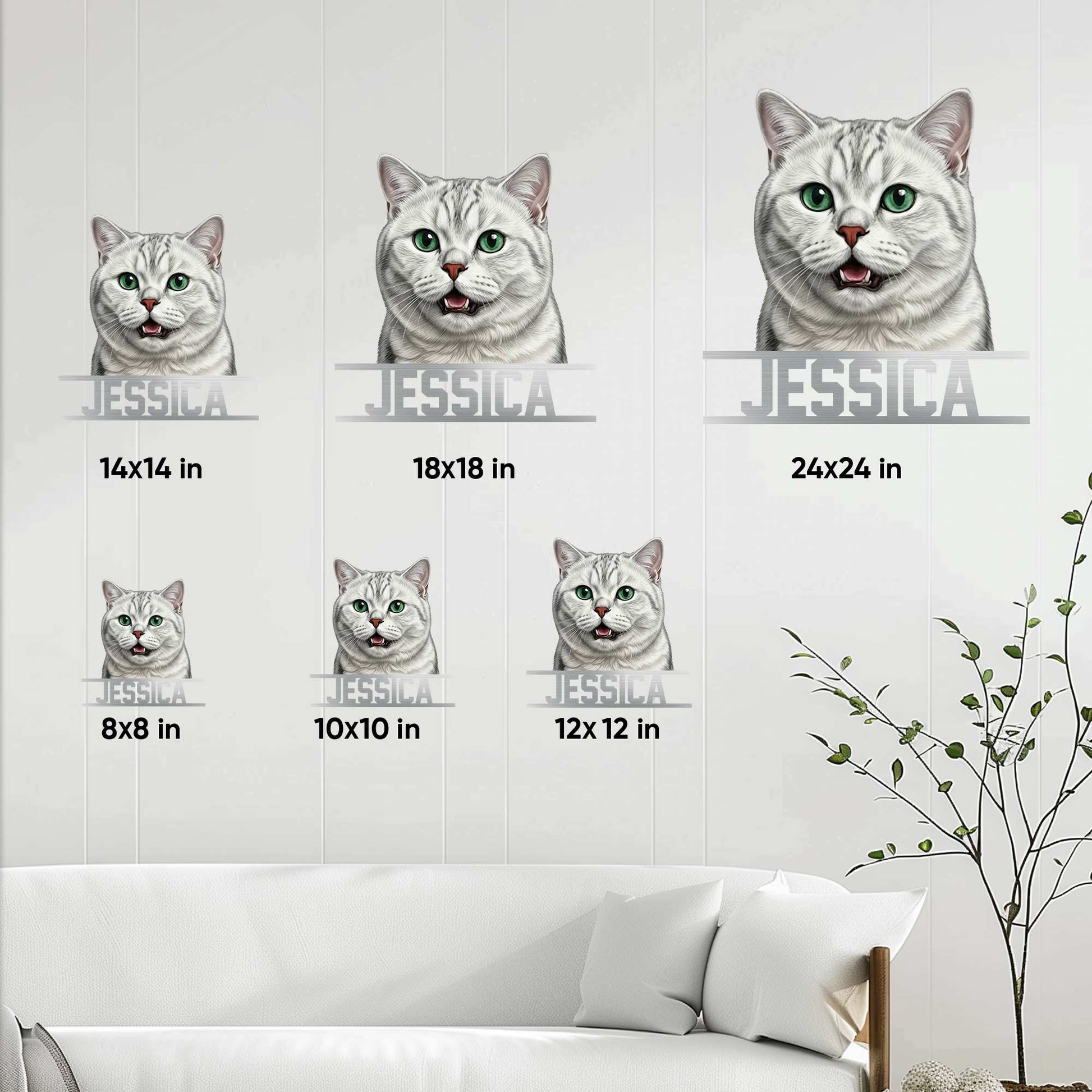 British Shorthair metal sign size guide showing multiple square size options in a living room