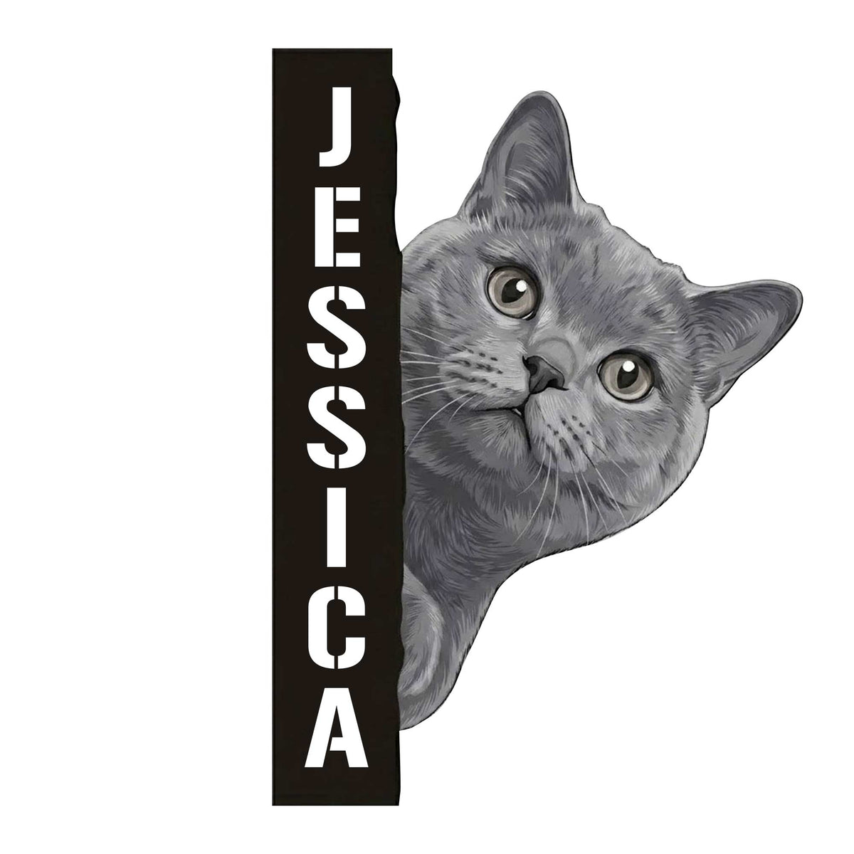 Custom British Shorthair metal sign featuring a gray cat peeking around a bold vertical design
