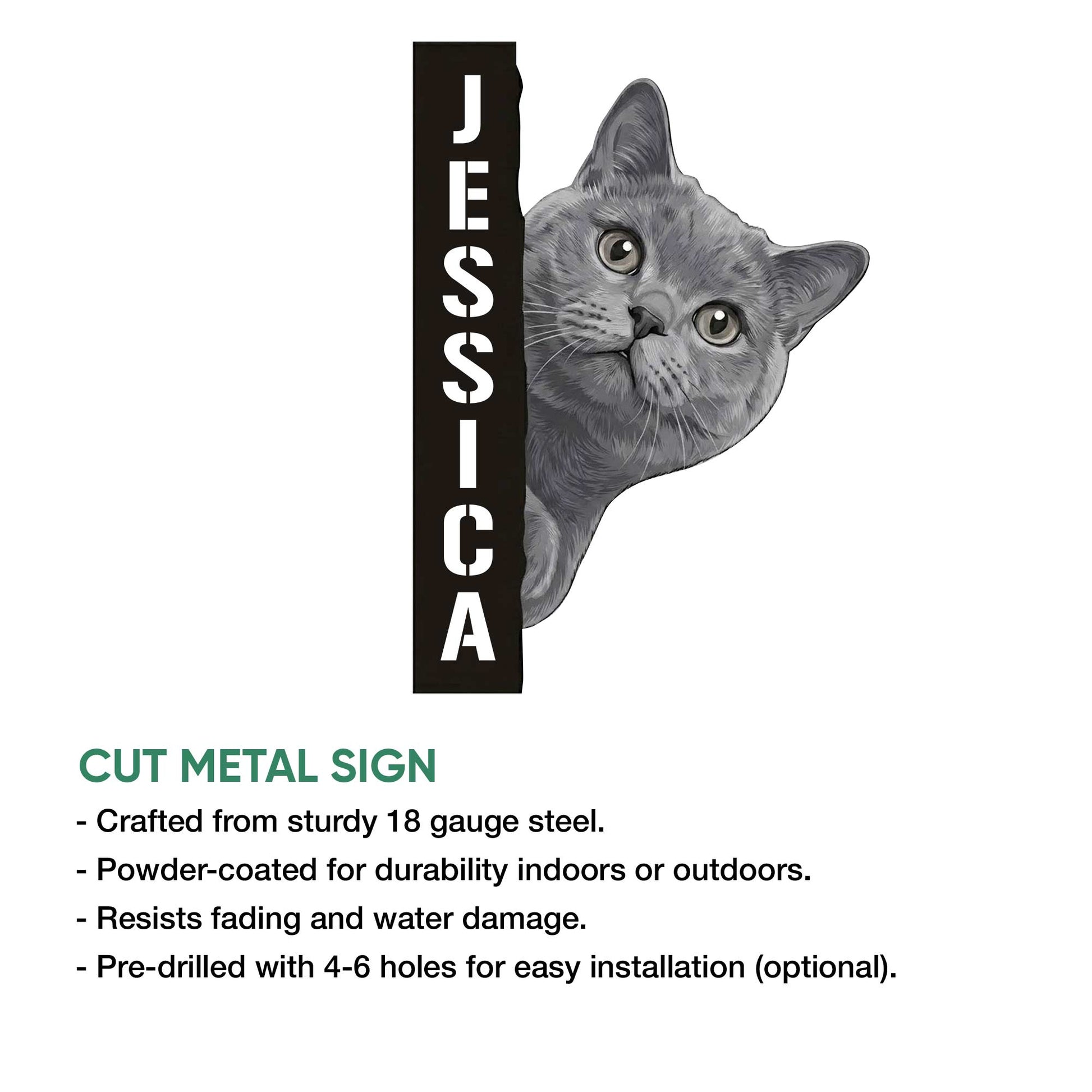 British Shorthair cat metal sign shown with its cut-metal design and indoor or outdoor display features