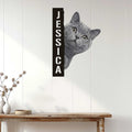 British Shorthair metal wall sign displayed on white paneling above a console table
