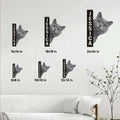 British Shorthair cat metal sign shown in multiple size options on a living room wall