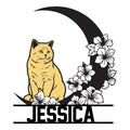Custom British Shorthair metal sign featuring a seated cat surrounded by flowers and a crescent moon