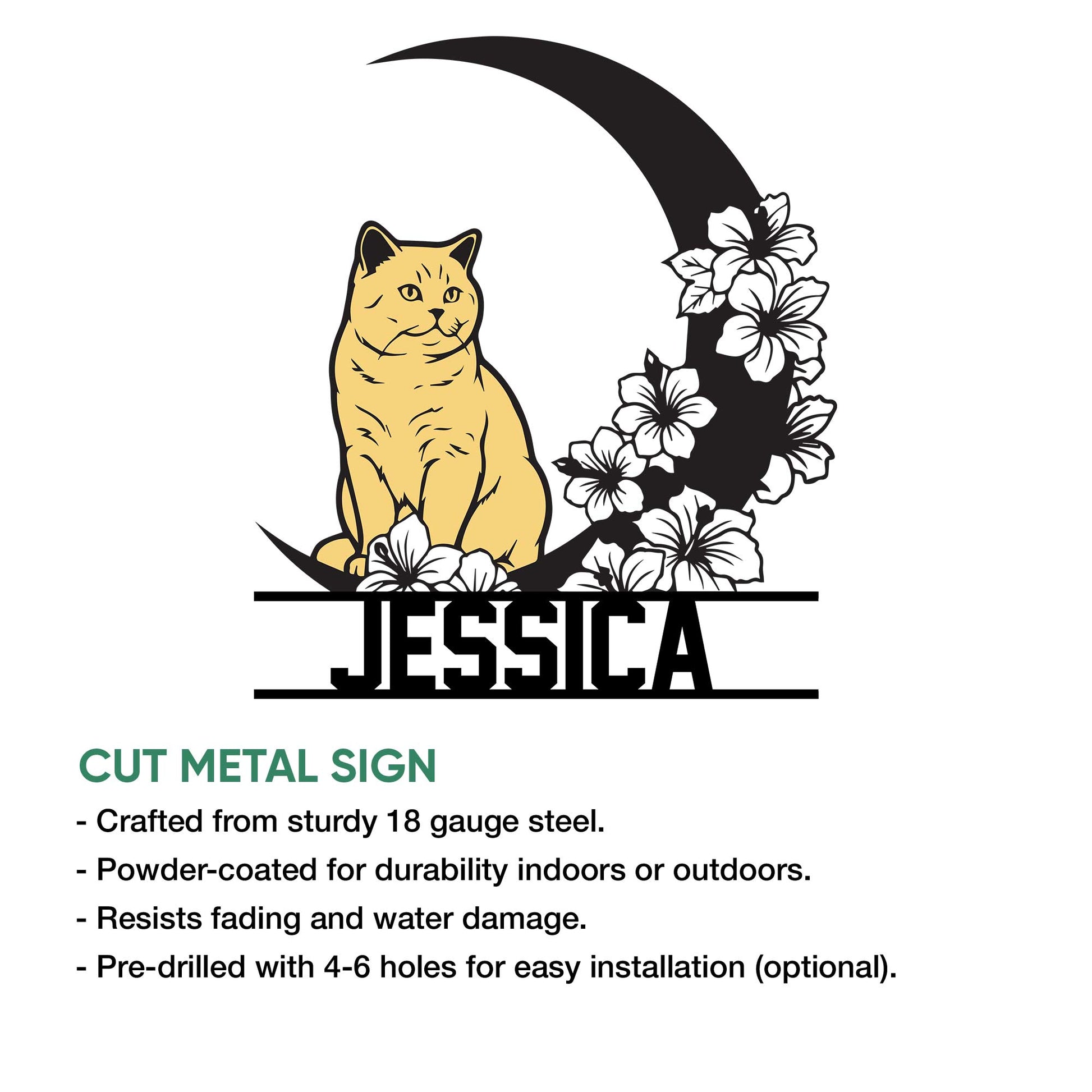 British Shorthair cut metal sign with a floral crescent moon design for cat-themed home decor