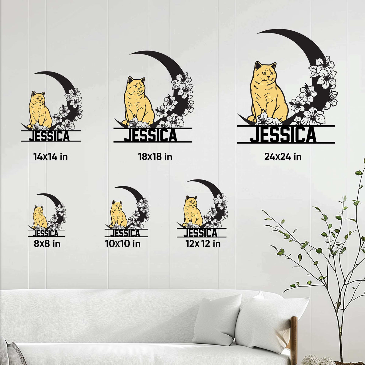 British Shorthair metal sign size guide showing available square dimensions from 8 by 8 to 24 by 24 inches