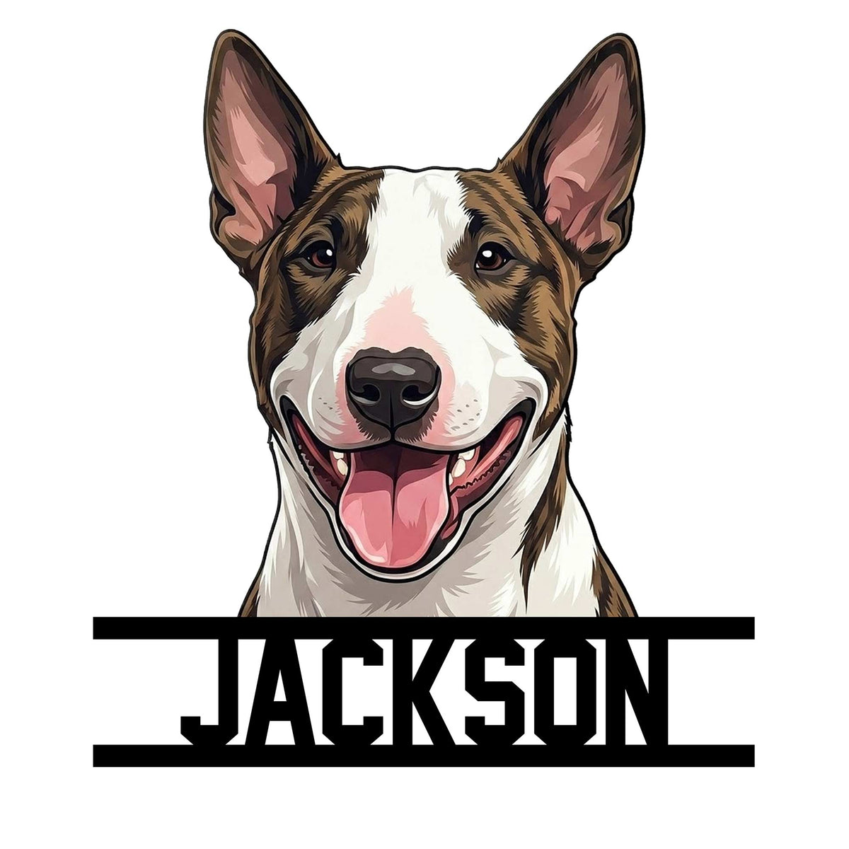 Bull Terrier metal sign featuring a cheerful brindle-and-white dog portrait above bold horizontal bars