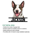 Bull Terrier cut metal sign artwork with a smiling brindle-and-white dog portrait and clean graphic framing