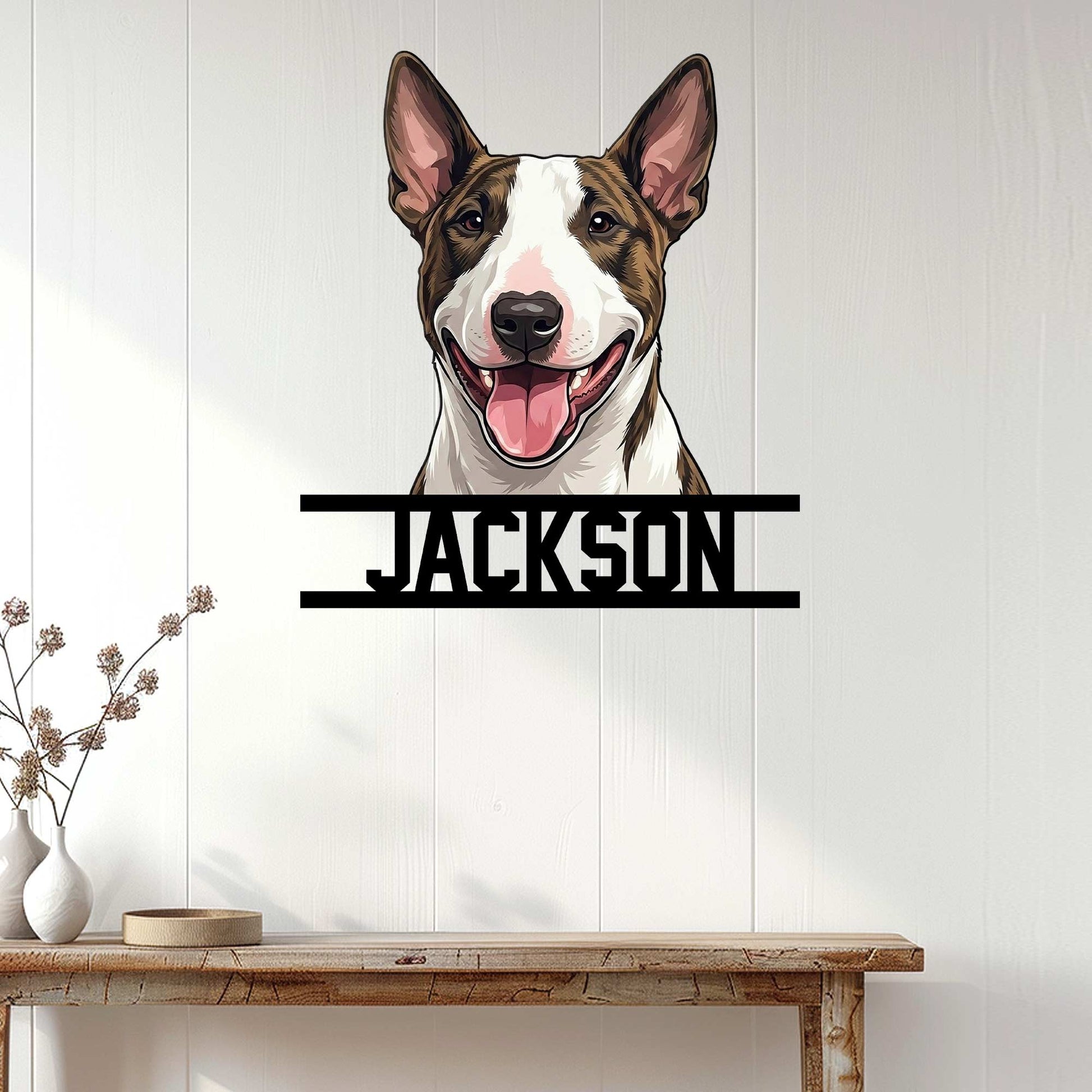 Bull Terrier metal wall sign displayed on a light wood-paneled wall above a console table