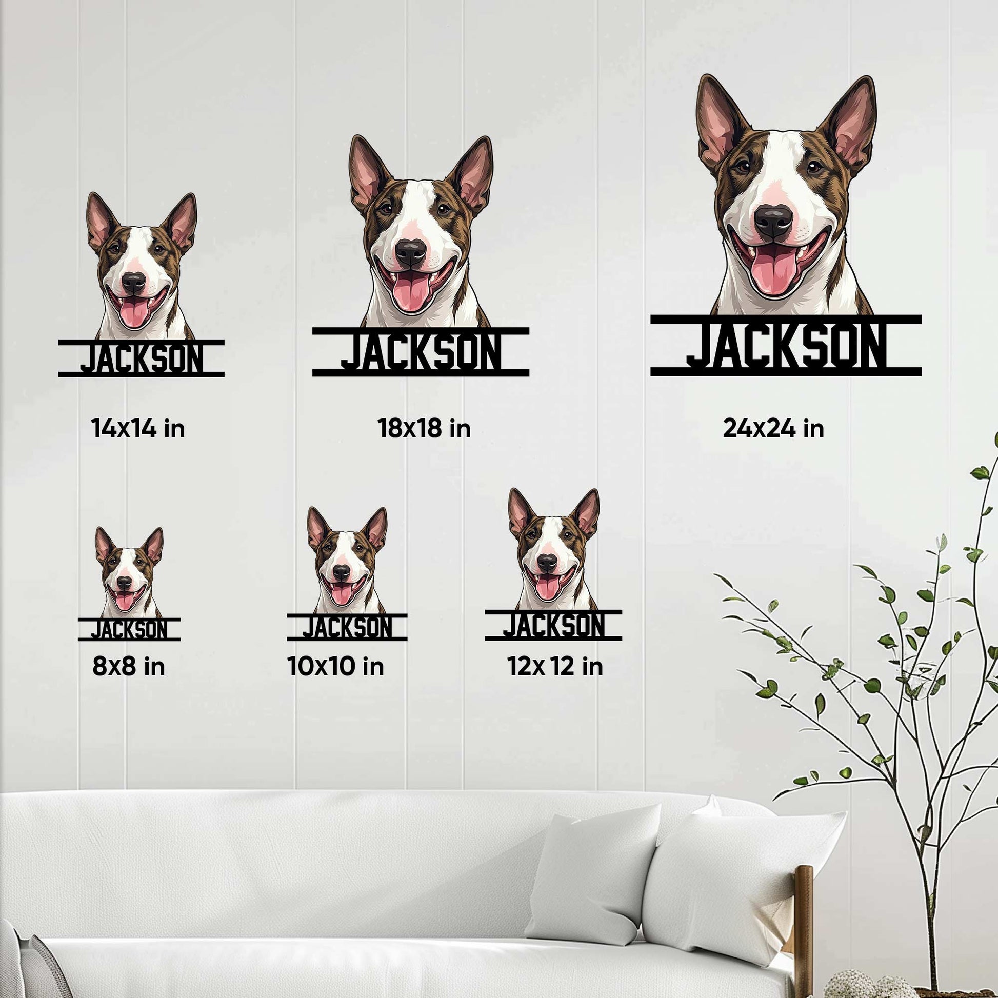 Bull Terrier metal sign size guide showing available square dimensions from 8x8 to 24x24 inches