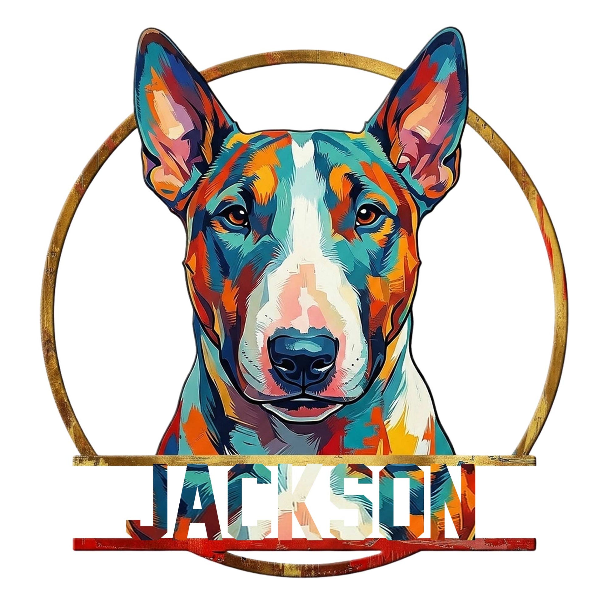Colorful Bull Terrier portrait metal sign with a circular frame and bold modern artwork