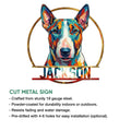 Bull Terrier metal sign feature graphic showing the colorful portrait and cut metal design
