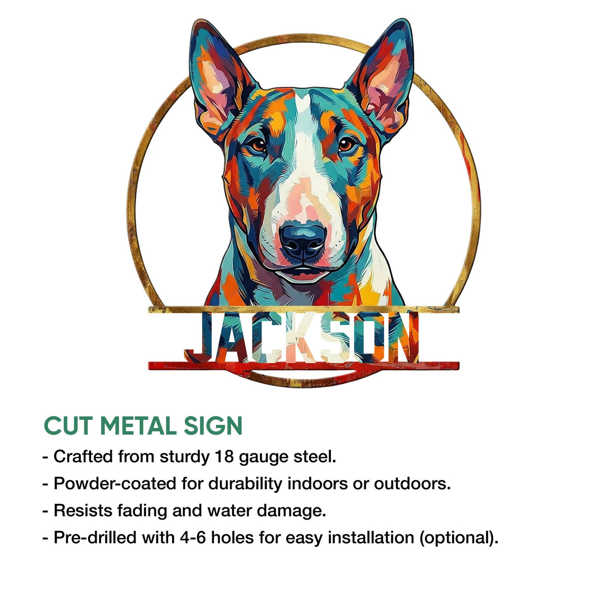 Bull Terrier metal sign feature graphic showing the colorful portrait and cut metal design