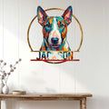 Colorful Bull Terrier wall sign displayed on a bright paneled wall above a console table
