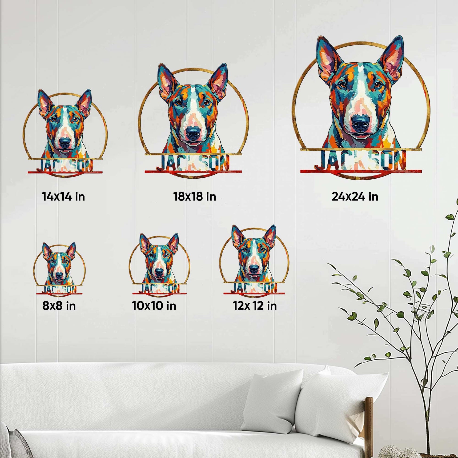 Bull Terrier metal sign size guide showing artwork options from 8 by 8 to 24 by 24 inches