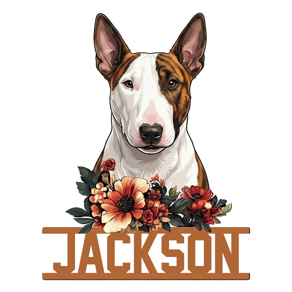 Bull Terrier metal sign featuring a detailed dog portrait framed by warm floral artwork